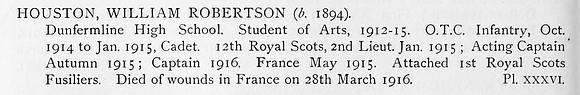 Houston W R Captain 12th Royal Scots Attd 1st Royal Scots Fusiliers Obit