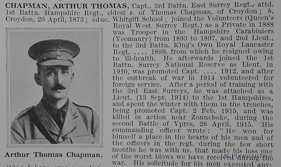Chapman A T Captain 3rd East Surrey Regiment Attd 1st Hampshire Regiment Obit Part 1