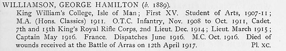 Williamson G H Captain MC Kings Royal Rifle Corps Obit