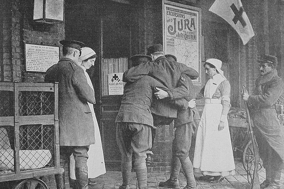 RAMC Orderlies Carrying A Wounded Frenchman Into A First Aid Post In France