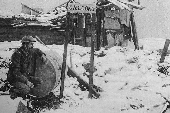 A British Sentry Waiting To Strike The Gas Gong If He SpotsThe Rising Greenish Yellow Vapour Of A Ga