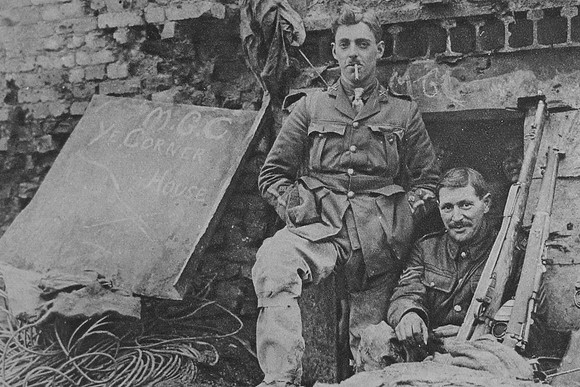 British Soldiers From The Machine Gun Corps In A Captured German Dug Out