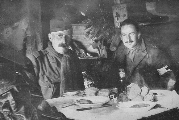 British Officers Eating Their Meal In A Dug-Out