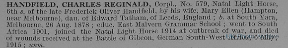 Handfield C R Cpl 579 Natal Light Horse South African Army Obit