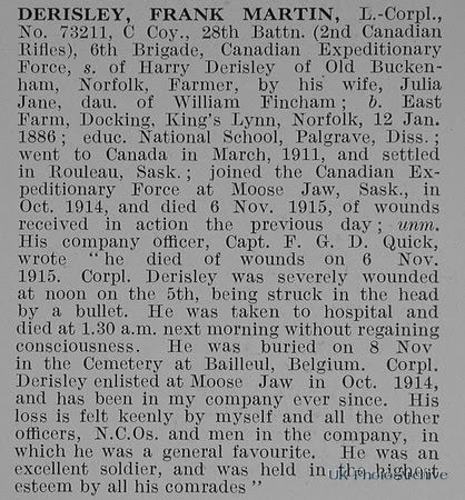 Derisley F M LCpl 28th Canadian Exepeditionary Force Obit