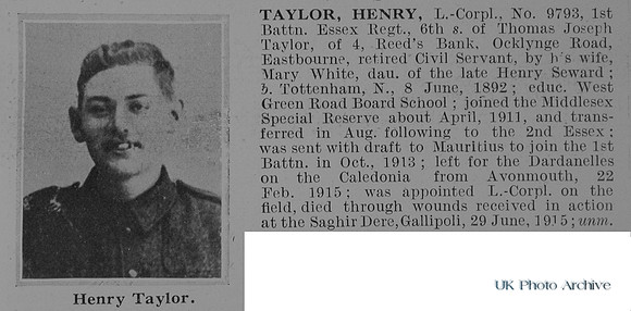 Taylor H LCpl 9793 1st Essex Regiment Obit