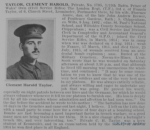 Taylor C H Pte 1785 15th London Regiment Obit