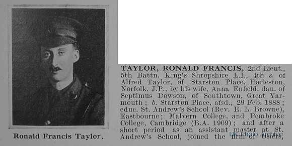 Taylor R F 2nd Lt 5th Kings Shropshire Light Infantry Obit Part 1