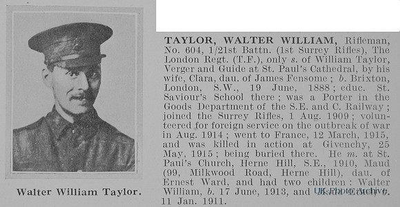 Taylor W W Rfn 604 21st London Regiment Obit