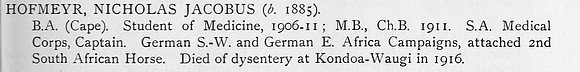 Hofmeyr N J Captain South African Medical Corps Obit