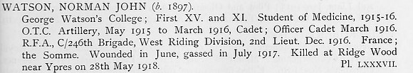 Watson N J 2nd Lt Royal Field Artillery Obit