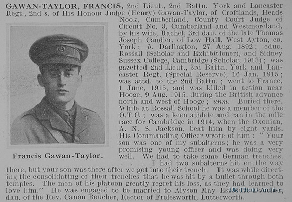 Gawan-Taylor F 2nd Lt 2nd York And Lancs Regiment Obit