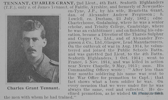 Tennant C G 2nd Lt 4th Seaforth Highlanders Obit