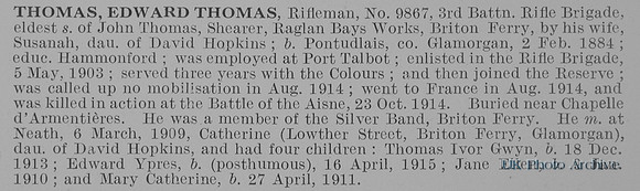 Thomas E T Rfn 9867 3rd Rifle Brigade