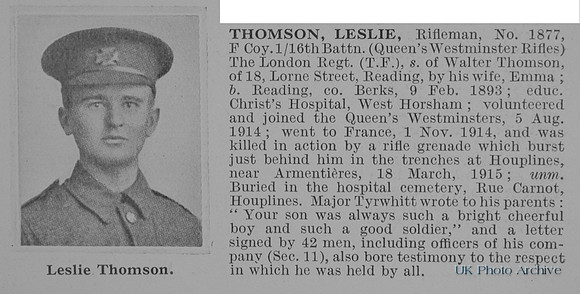 Thomson L Rfn 1877 16th London Regiment Obit