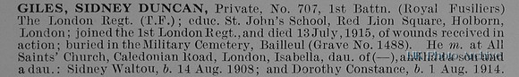 Giles S D Pte 707 1st London Regiment Obit