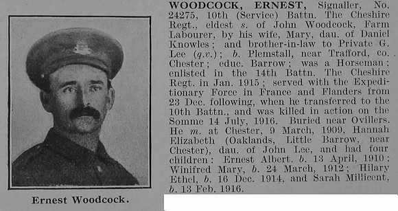 Woodcock E Sig 24275 10th Cheshire Regiment Obit
