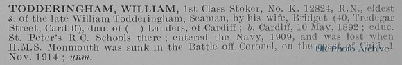 Todderingham W 1st Class Stoker K12824 HMS Monmouth Royal Navy