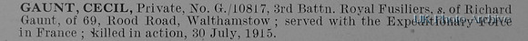 Gaunt C Pte G-10817 3rd Royal Fusiliers Obit