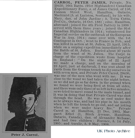Carrol P J Pte 29430 16th Canadian Expeditionary Force Obit