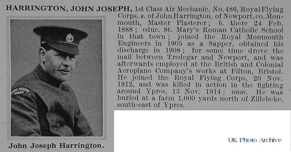 Harrington J J 1st Class Air Mech 486 Royal Flying Corps Obit