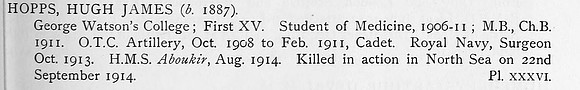Hopps H J Surgeon HMS Aboukir Royal Navy Obit