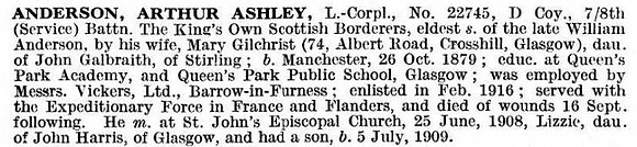 Anderson A A L/Cpl 22745 8th Kings Own Scottish Borderers Obit De Ruvignys Roll Of Honour Vol 3