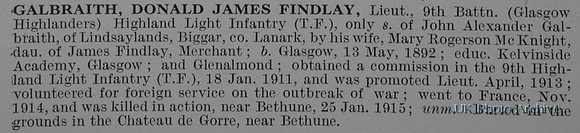 Galbraith D J F Lt 9th Highland Light Infantry Obit