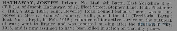 Hathaway J Pte 1446 4th East Yorkshire Regiment Obit