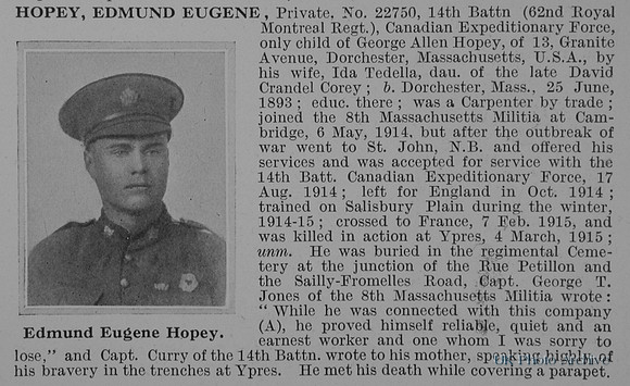 Hopey E E Pte 22750 14th Canadian Expeditionary Force Obit