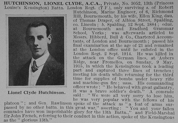 Hutchinson L C Pte 3052 13th London Regiment Obit