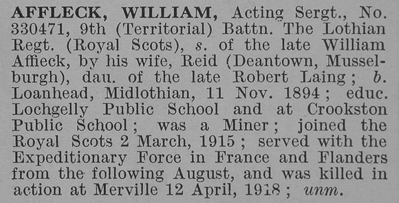 Affleck W Acting Sergt 9th Royal Scots Obit De Ruvignys Roll Of Honour Vol 4