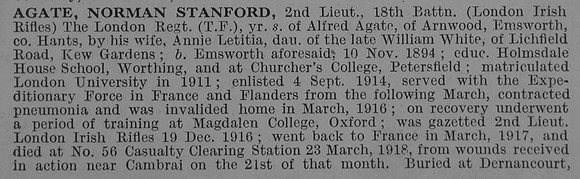 Agate N S 2nd Lt 18th London Regt Obit Part 1 De Ruvignys Roll Of Honour Vol 4
