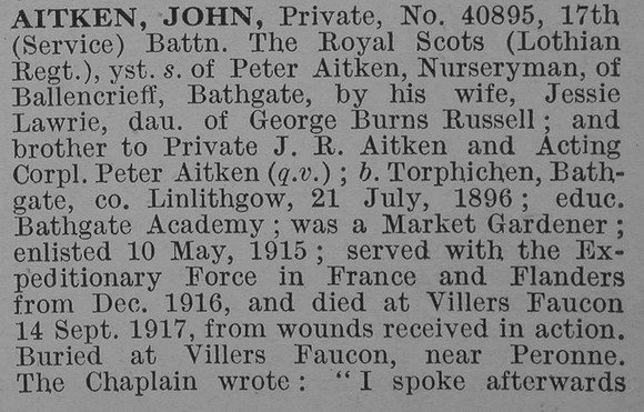 Aitken J Pte 17th Royal Scots Obit Part 1 De Ruvignys Roll Of Honour Vol 4