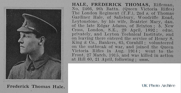 Hale F T Rfn 2466 9th London Regiment Obit