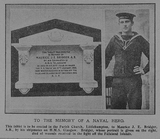 Bridger M J E AB HMS Glasgow Royal Navy The Graphic 9th Feb 1916
