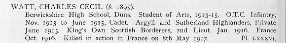 Watt C C 2nd Lt Kings Own Scottish Borderers Obit
