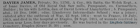 Davies J Pte 15761 9th Welsh Regiment