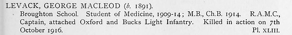 Levack G M Captain Royal Army Medical Corps Obit