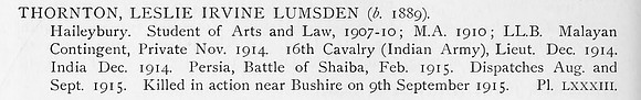 Thornton L I L Lt Indian Army Obit