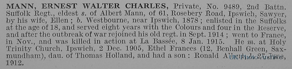 Mann E W C Pte 9489 2nd Suffolk Regiment Obit
