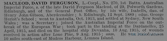 MacLeod D F L/Cpl 270 1st Australian Imperial Force Obit