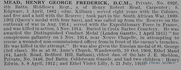 Mead H G F Pte DCM 6926 4th Middlesex Regiment Obit
