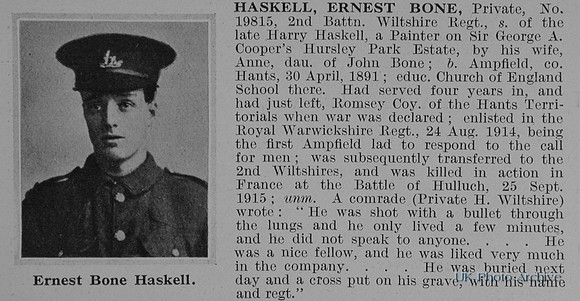 Haskell E B Pte 19815 2nd Wiltshire Regiment Obit