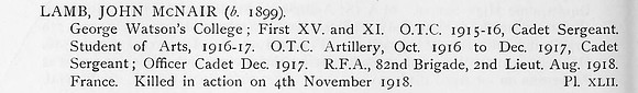 Lamb J M 2nd Lt Royal Field Artillery Obit