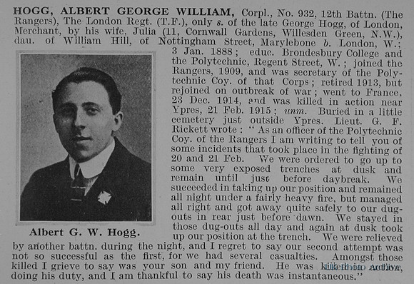 Hogg A G W Cpl 932 12th London Regiment Obit