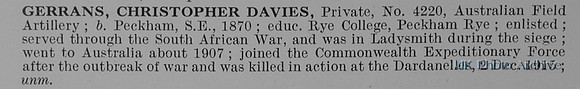 Gerrans C D Pte 4220 Australian Field Artillery Obit