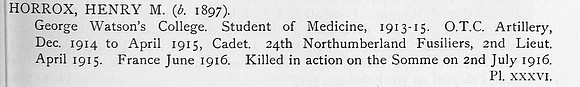 Horrox H M 2nd Lt 24th Northumberland Fusiliers Obit