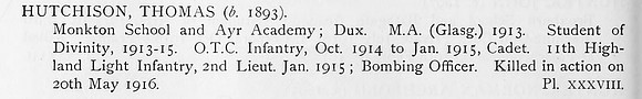 Hutchison T 2nd Lt 11th Highland Light Infantry Obit