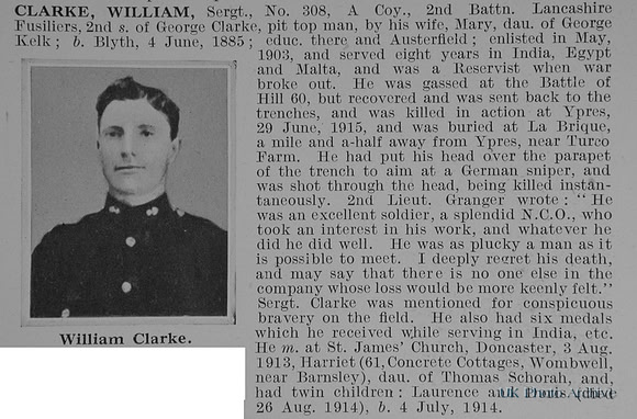Clarke W Sergt 308 2nd Lancashire Fusiliers Obit